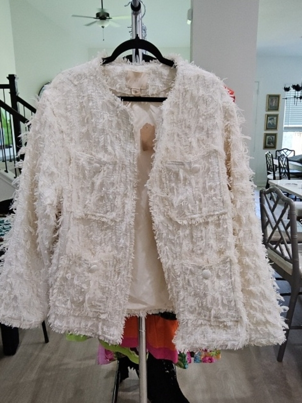 H&M Cream Fringe Bouclé Blazer Jacket|| Size Large - Picture 1 of 2